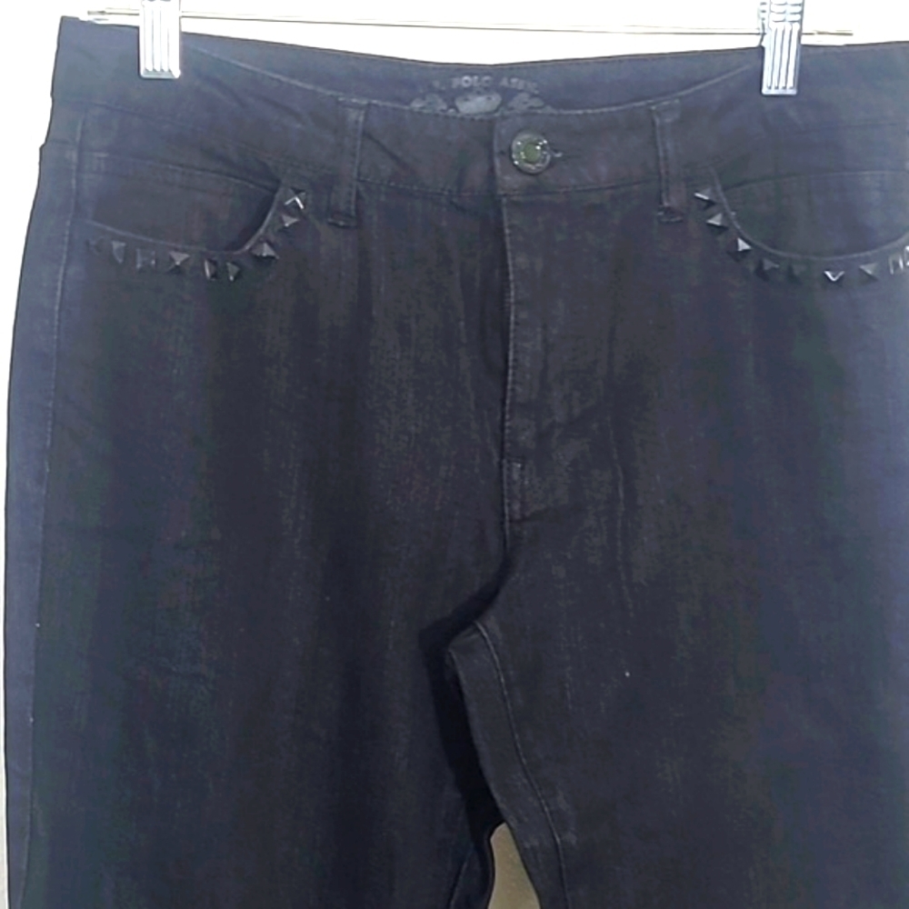 U.S. POLO ASSN Black stretch jeans stud pocket flaps 6 Long Tall low rise Flare